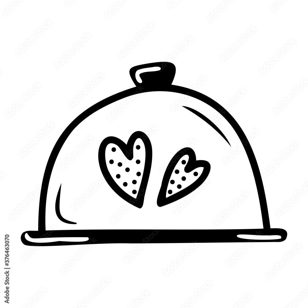 Obraz premium Hand drawn serving tray with lid on a white isolated background. Elements of kitchen utensils. Doodle, simple outline illustration. It can be used for decoration of textile, paper and other surfaces.