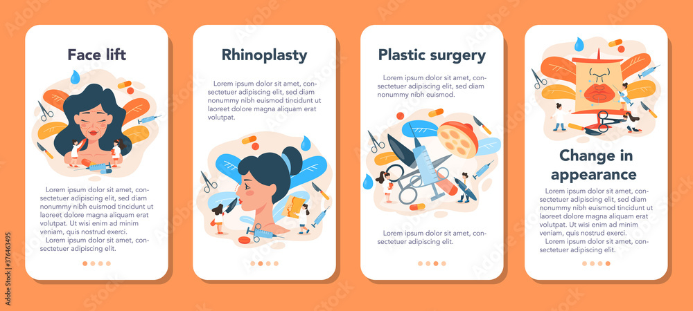 Naklejka premium Plastic surgeon mobile application banner set. Idea of body