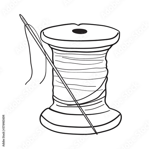 Thread spool with needle hand drawn illustration. Retro style, outline. Vector on a white background. Needlework and dressmaking items. 