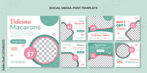 Macaron social media post template. Food square banner for cake shop