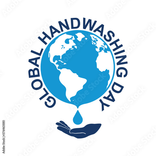 Symbols of earth globe, water drops, human hand. Inscription GLOBAL HANDWASHING DAY. Vector illustration on a white background.