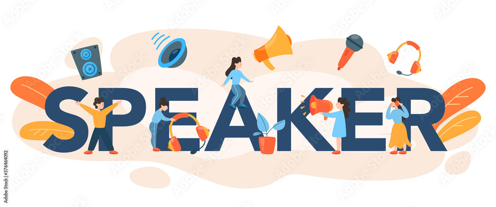 Professional speaker typographic header. Peson speaking to a microphone Professional speaker typographic header. Peson speaking to a microphone