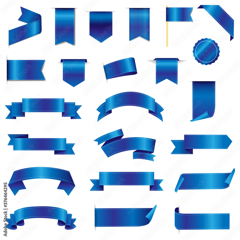 Fototapeta premium Silk Blue Ribbons And Tags With Gradient Mesh, Vector Illustration
