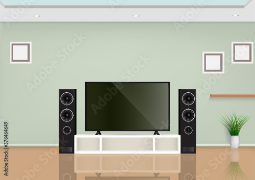 Living room with smart TV on the table