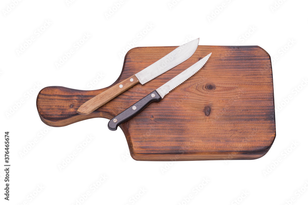 Cutting board with chopping knife placed on a white background With clipping part