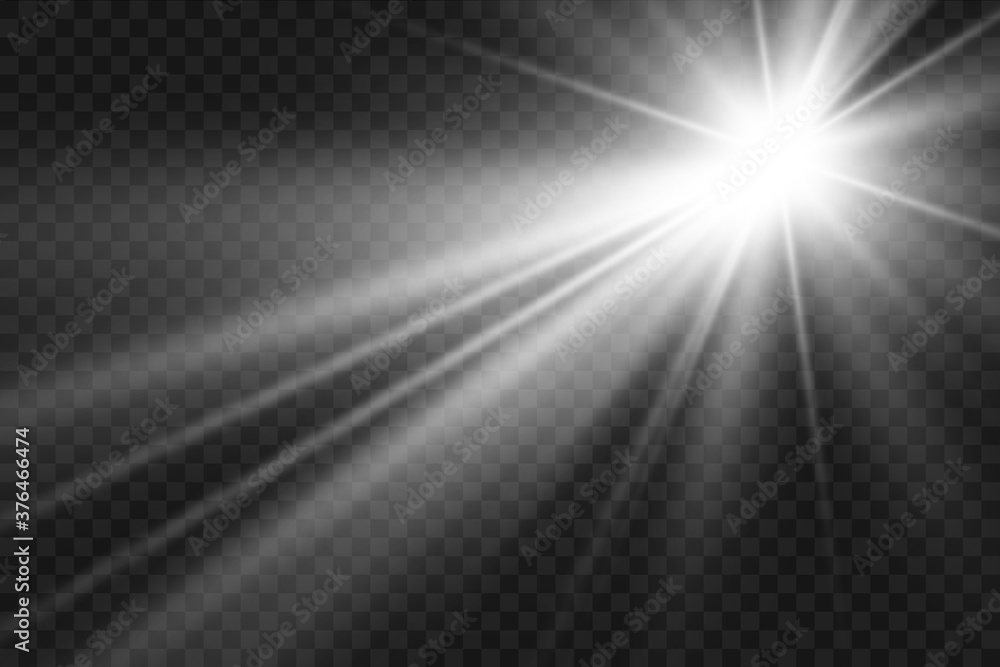 White glowing light explodes on a transparent background. Sparkling magical dust particles. Bright Star. Transparent shining sun, bright flash. Vector sparkles. To center a bright flash