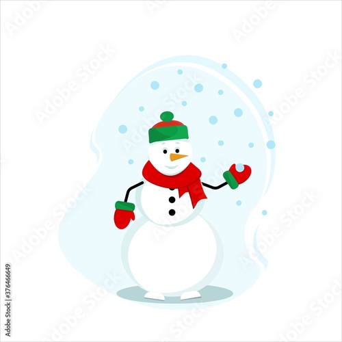 Snowman holding a snowflake in his hand. Winter, a cute snowman in a hat and mittens catches snowflakes, snowfall. Vector illustration in flat style