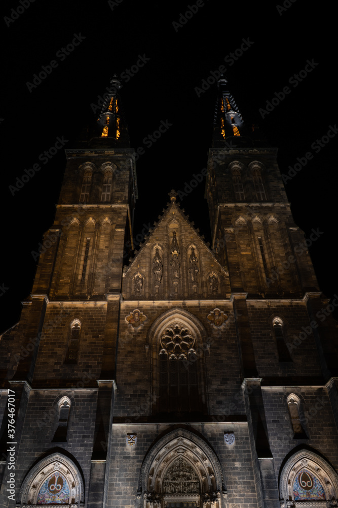 
The Basilica of St. Peter and Paul in Prague at Vyšehrad is a monument founded in the 11th century in the center of Prague at night