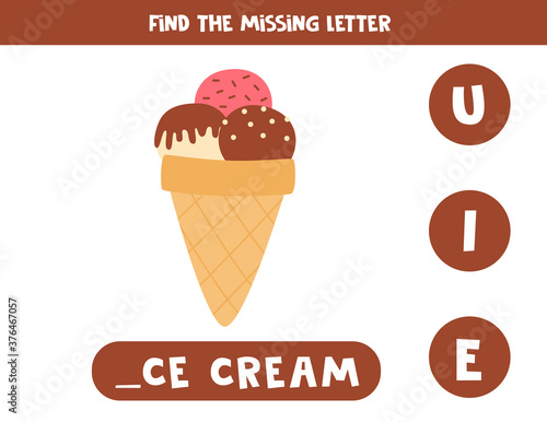 Find missing letter and write it down. Cute cartoon ice cream.