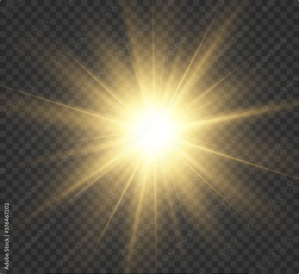 A yellow star explodes on a transparent background. Glittering particles of fairy dust. Bright Star. Transparent bright sun, bright flash. Glitter vector. Center a bright flash