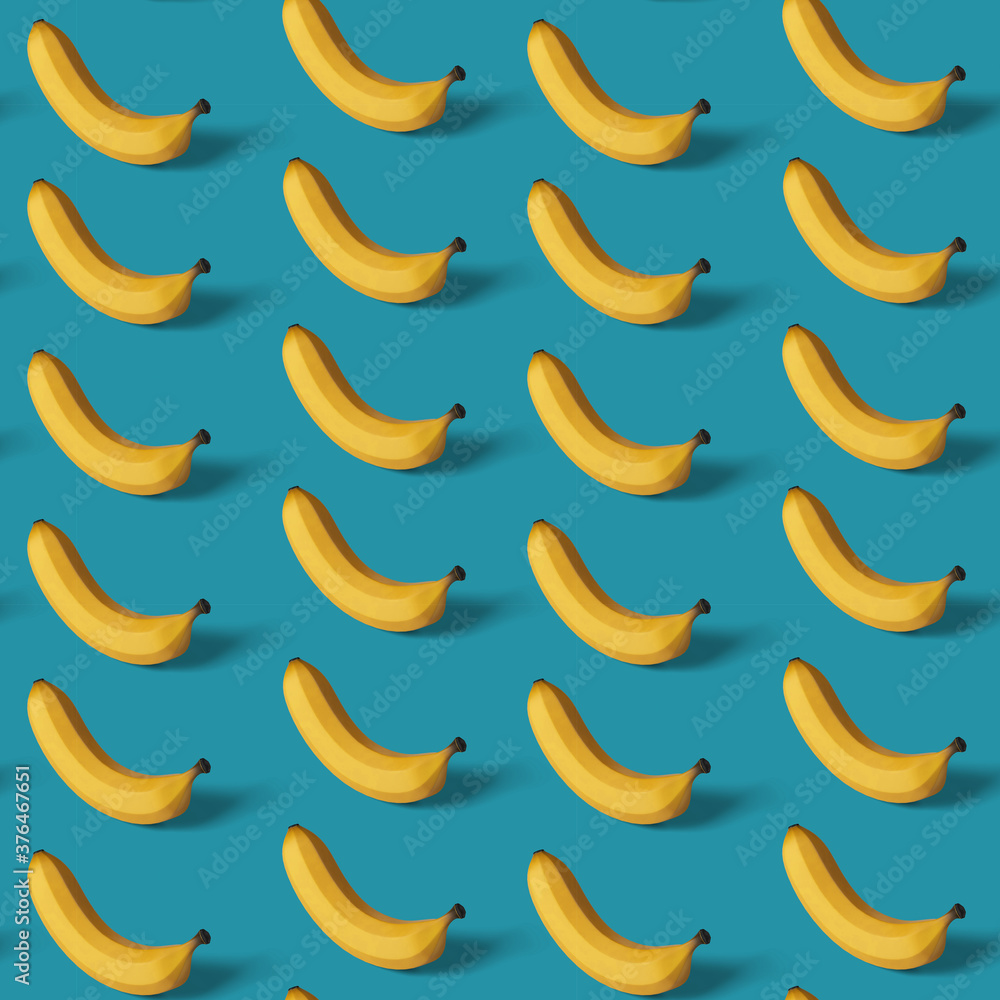 3d rendering seamless pattern with colorful bananas on blue background. Contemporary minimal illustration. Flat lay.