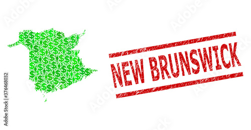 Green dollar and men mosaic map of New Brunswick Province and textured stamp. Stamp includes NEW BRUNSWICK caption between parallel lines.
