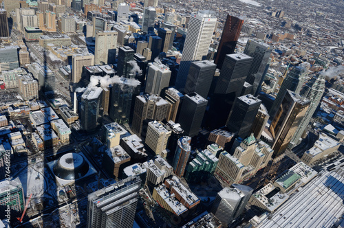 Aerial view of Toronto financial district from the CN Tower in winter