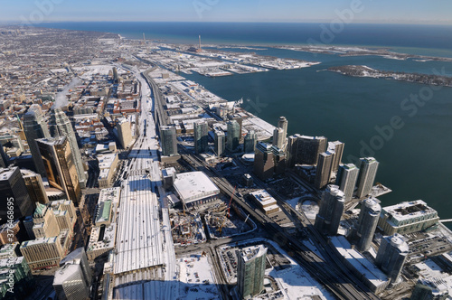 Photography Aerial view of Toronto Union Station and Harbourfront east in winter