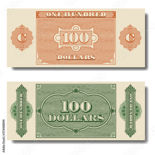 Paper money. Green and orange banknote of one hundred dollars with guilloche grid. Part two EPS10