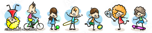 Collection of happy cartoon kids, colored hand drawn doodle outline style