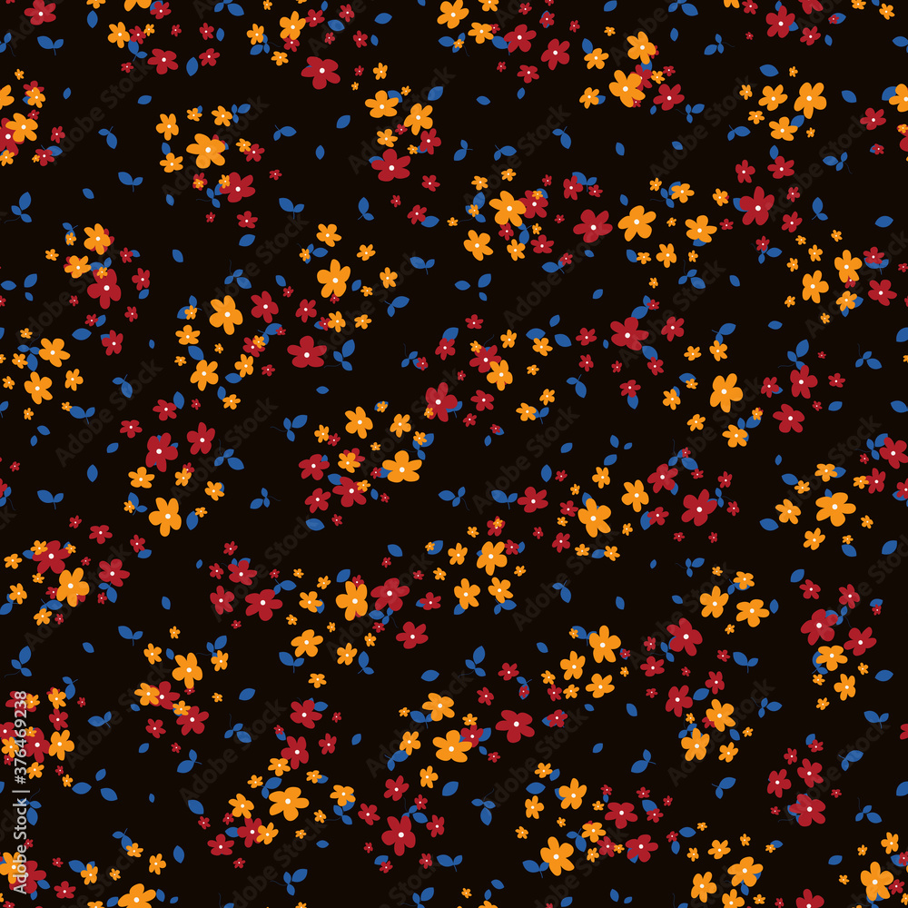 Liberty pattern. Vector seamless texture with small red, yellow flowers and blue leaves on black backdrop. Elegant floral background. Simple ditsy pattern. Repeatable design for decor, fabric, print