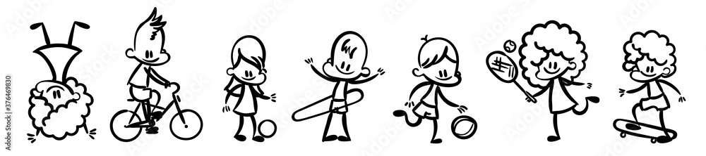 Collection of happy cartoon kids, lined hand drawn doodle outline style