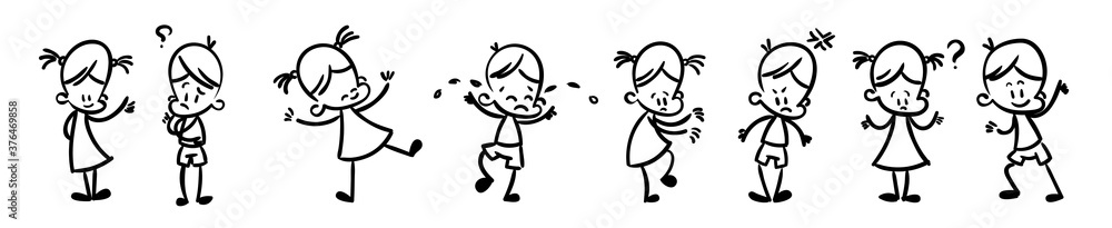 Collection of happy cartoon kids, lined hand drawn doodle outline style Collection of happy cartoon kids, lined hand drawn doodle outline style