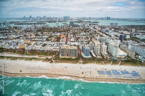 Miami Beach Ocean Drive and shoreline as seen from helicopter, aerial city view