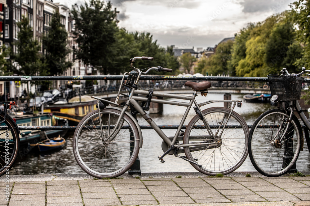 bicycles in amsterdam in cloudy day