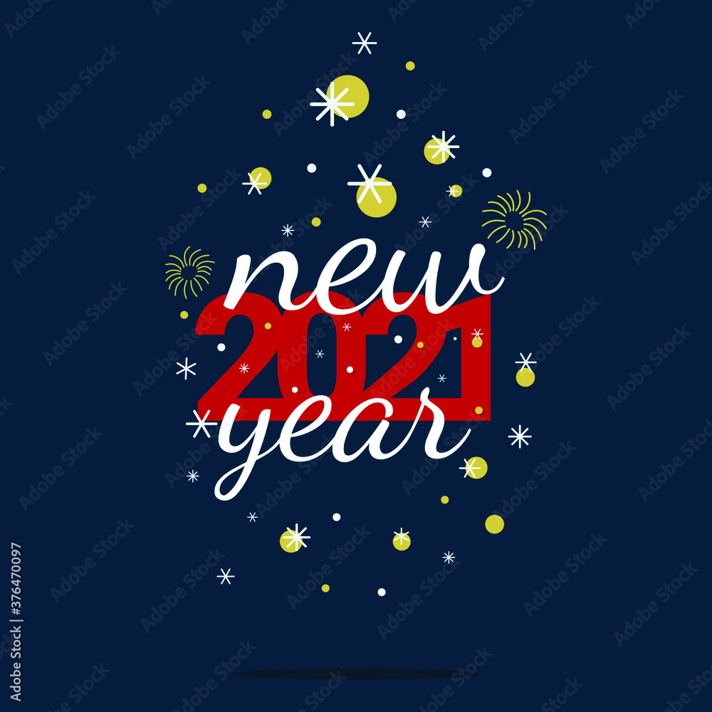 Happy New Year 2021 Vector poster and greeting card with hanging  red numbers, white text, stars, fireworks and snowflakes
Winter holiday invitations with geometric decorations