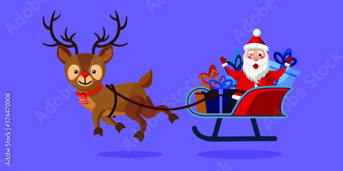 Happy cute Santa Claus riding reindeer sleigh with gift boxes. Merry Christmas and Happy New Year 2021! Christmas cute flat character. Holiday greeting card. Isolated vector illustration.