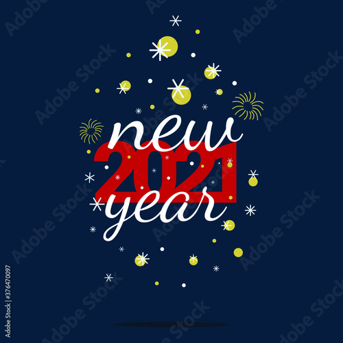 Happy New Year 2021 Vector poster and greeting card with hanging  red numbers  white text  stars  fireworks and snowflakes Winter holiday invitations with geometric decorations