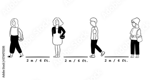 Social distancing. The people standing from each other. New normal, physical distancing. Vector illustration in flat cartoon design.