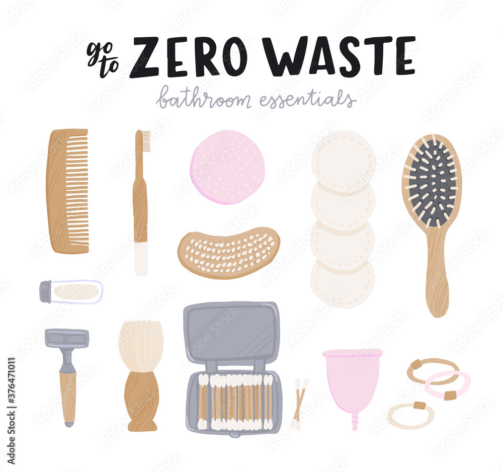 Zero waste set of bathroom essentials with display lettering. Kit of flat style eco brushes, cotton swabs, hair pick, safety razor, solid shampoo bar. Vector illustration for online shop, store, site Zero waste set of bathroom essentials with display lettering. Kit of flat style eco brushes, cotton swabs, hair pick, safety razor, solid shampoo bar. Vector illustration for online shop, store, site