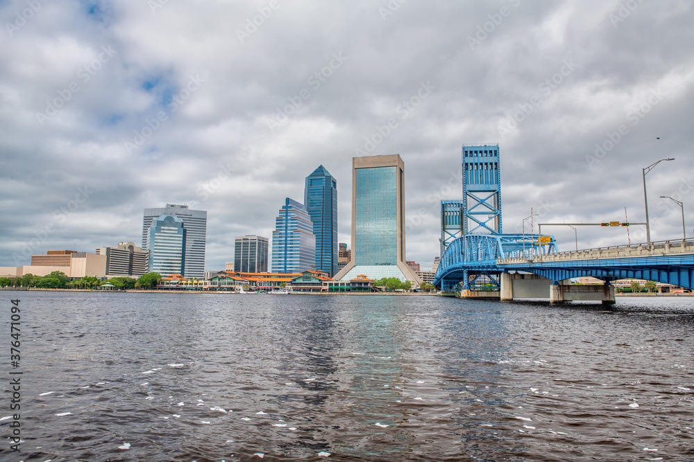 Jacksonville skyline with Alsop Bridge and city skyscrapers on a cloudy day, Florida