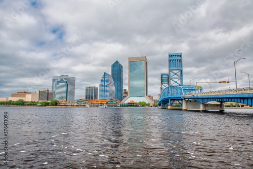 Jacksonville skyline with Alsop Bridge and city skyscrapers on a cloudy day, Florida