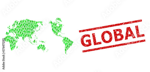 Green dollar and people mosaic map of Earth and unclean seal stamp. Stamp seal includes GLOBAL tag between parallel lines. Mosaic map of Earth designed of green dollars, and people symbols.