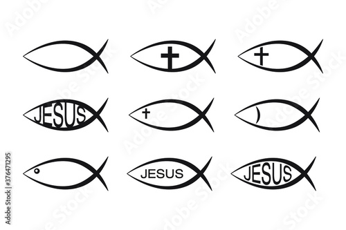 Set of Jesus Fish icons, Christian Ichthys Fish symbol icon