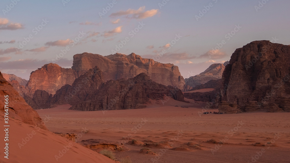 Sandy mountains in Wadi Rum Desert at Sunset in Jordan