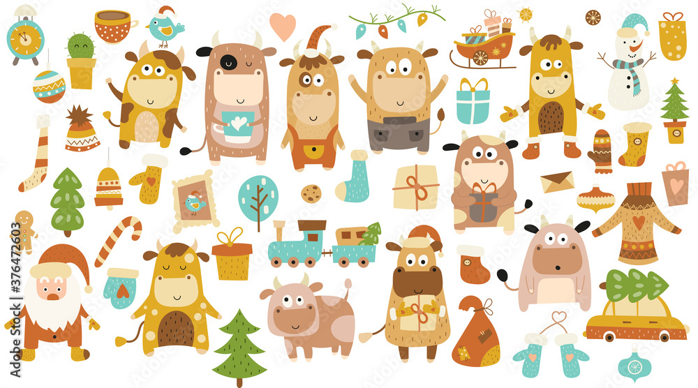 Set of Christmas graphics, cute little bulls for new year design. 2021 is the year of the ox. Vector illustration in trendy mustard colors. Isolated on white background. Set of Christmas graphics, cute little bulls for new year design. 2021 is the year of the ox. Vector illustration in trendy mustard colors. Isolated on white background.