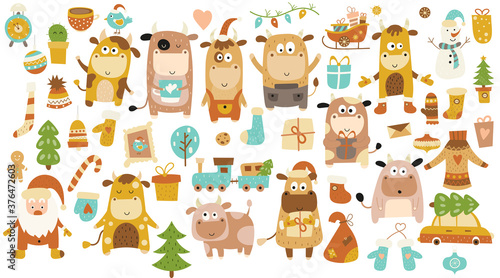 Fototapeta Naklejka Na Ścianę i Meble -  Set of Christmas graphics, cute little bulls for new year design. 2021 is the year of the ox. Vector illustration in trendy mustard colors. Isolated on white background.