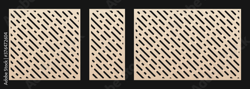 Laser cut panel. Abstract geometric pattern with diagonal lines, stripes, rain drops. Elegant decorative template for wood cut, paper card, metal cutting, fretwork, carving. Aspect ratio 1:1, 1:2, 3:2
