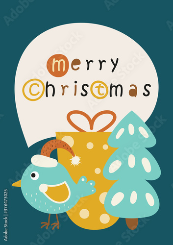 Merry Christmas greeting card in scandinavian style with winter bird, present, tree on blue background. Colored vector. Kids illustration for DIY, greeting card, posters. Lettering Merry Christmas.