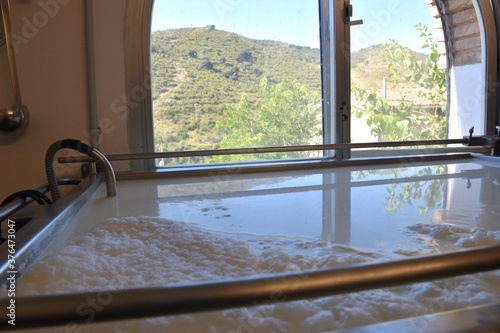 Milk tank with foam next to window with mountain views. © Iker