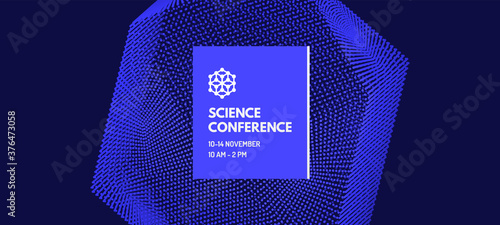 Science conference. Crystal consisting of small particles. Object with dots. Molecular grid. 3d vector illustration for online courses, master class, seminar, presentation, webinar or lecture.