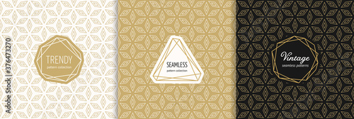 Vector golden geometric seamless patterns with modern minimal labels. Elegant floral ornament. Gold textures set with linear flower shapes, thin lines. Art deco style. Trendy background. Luxury design