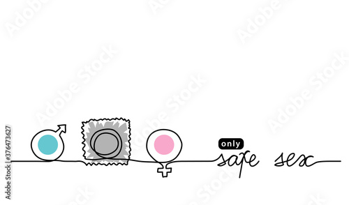 Only safe sex simple background web banner, poster with man and woman signs and condom between them. One continuous line drawing background with lettering safe sex.