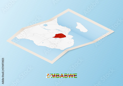 Folded paper map of Zimbabwe with neighboring countries in isometric style.