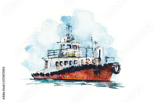 Little ship (boat). Watercolor hand drawn illustration. Sketch style