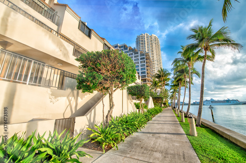 Miami Brickell Key buildings and trees on a sunny morning, Florida, USA