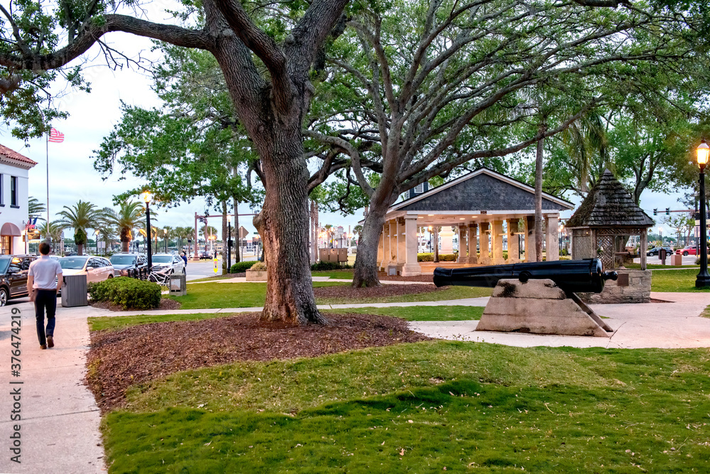 ST AUGUSTINE, FL - APRIL 8, 2018: City streets at sunset in spring season