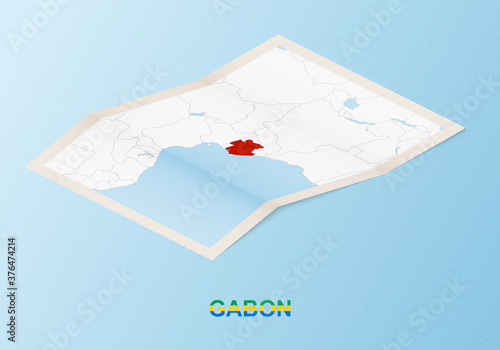 Folded paper map of Gabon with neighboring countries in isometric style.