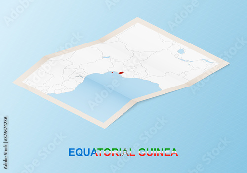 Folded paper map of Equatorial Guinea with neighboring countries in isometric style.