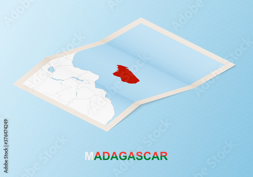 Folded paper map of Madagascar with neighboring countries in isometric style.